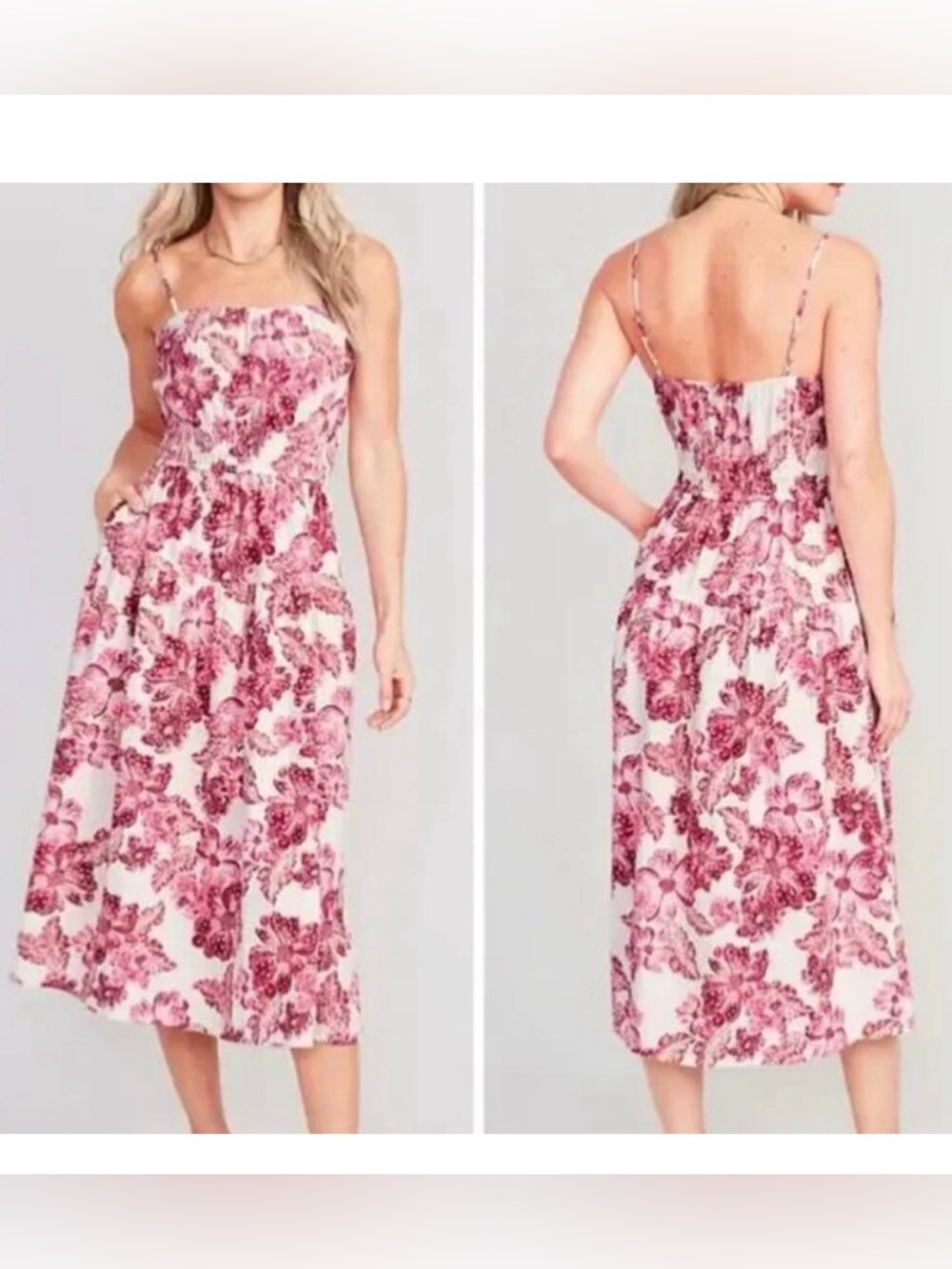 Old Navy women's Medium Waist-Defined Floral Linen-Blend Smocked Midi Cami Dress